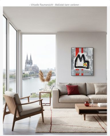 Acrylbild mit Kölner Dom in Rot und Weiß, goldener Akzentlinie und buntem Detail – moderne Köln Kunst auf Leinwand 50x40 cm