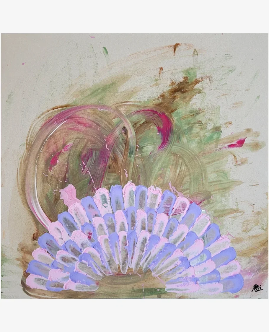 Abstrakte Kunst mit geschwungenen Formen in Blau, Lila und erdigen Grüntönen.