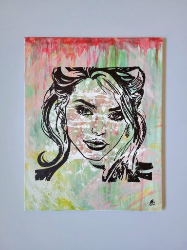 Kraftvolles Acrylportrait auf Leinwand mit dynamischen Linien und lebendigem Hintergrund, zeitgenössische Frauenfigur