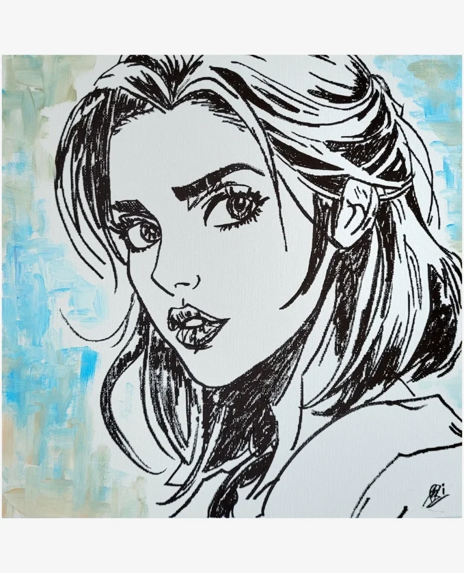 moderne schwarz-weiß Zeichnung einer Frau mit langen Haaren und nachdenklichem Ausdruck.