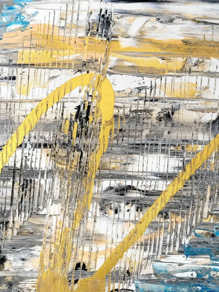 Abstrakte Kunst von mibkunst mit gelb und gold Malerei und schwarzen Linien auf hellem Hintergrund - ein Acrylbild
