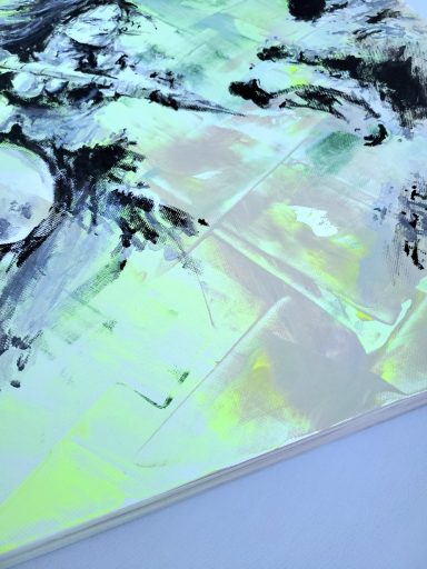 Detail der abstrakten Hintergrundstruktur und fluoreszierenden Neonfarben im Gemälde The Bear Within.