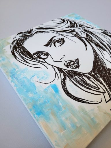 Modernes Acrylbild einer hübschen Frau mit langen Haaren auf abstraktem Hintergrund in hellblau von mibkunst.de