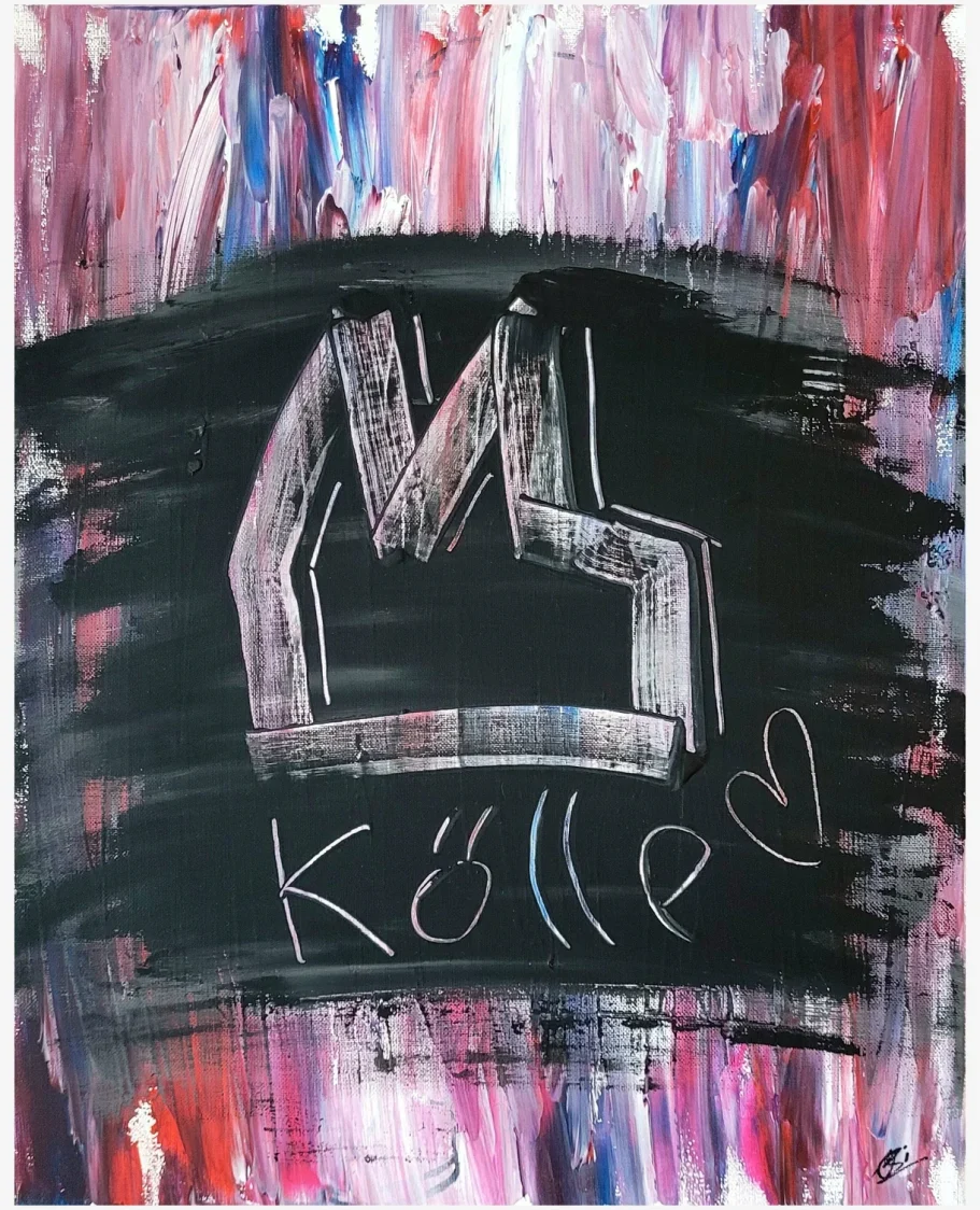 Abstrakte farbige Komposition beziehungsweise Acrylbild mit einem Herz und der Aufschrift "Kölle".