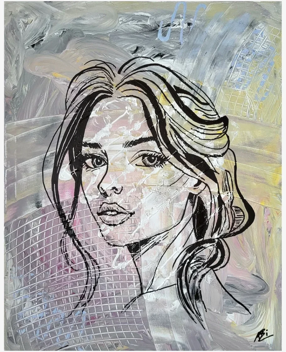 Gemälde eines Gesichtes beziehungsweise Porträt einer Frau mit langen, gewellten Haaren, umgeben von abstrakten Farbflächen.