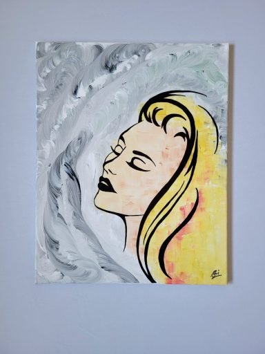 Acrylbild „Schwung – Cléa“ mit blondem Frauenporträt, warmen Orange- und Gelbtönen und grauem Hintergrund, moderne Kunst auf Leinwand 50x40 