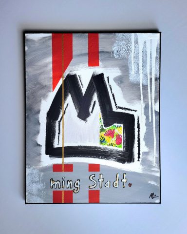 Acrylbild mit Kölner Dom in Rot und Weiß, goldener Akzentlinie und buntem Detail – moderne Köln Kunst auf Leinwand 50x40 cm