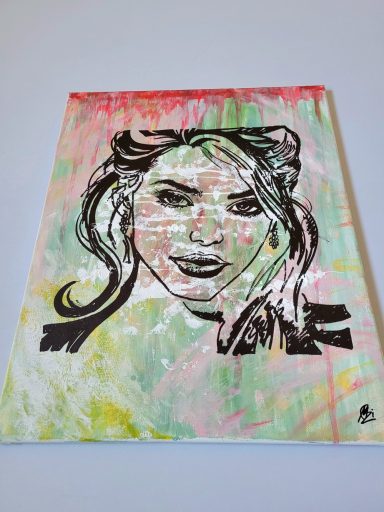 Kraftvolles Acrylportrait auf Leinwand mit dynamischen Linien und lebendigem Hintergrund, zeitgenössische Frauenfigur