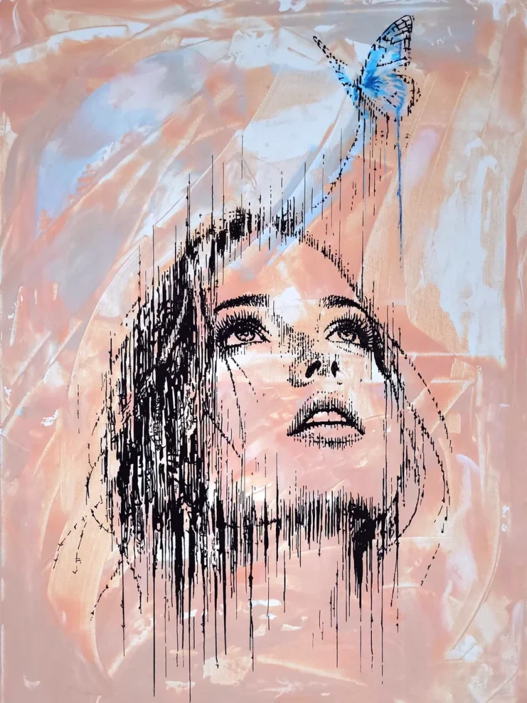 Abstraktes Gemälde „Aufwind“ – Frauenprofil aus Linien und Vogelsilhouetten vor blauem, wasserartigem Hintergrund, Original auf Leinwand