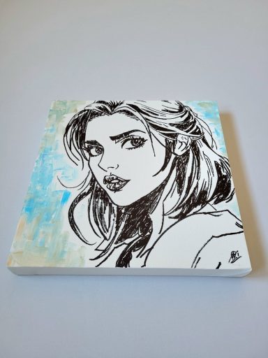 Modernes Acrylbild einer hübschen Frau mit langen Haaren auf abstraktem Hintergrund in hellblau von mibkunst.de