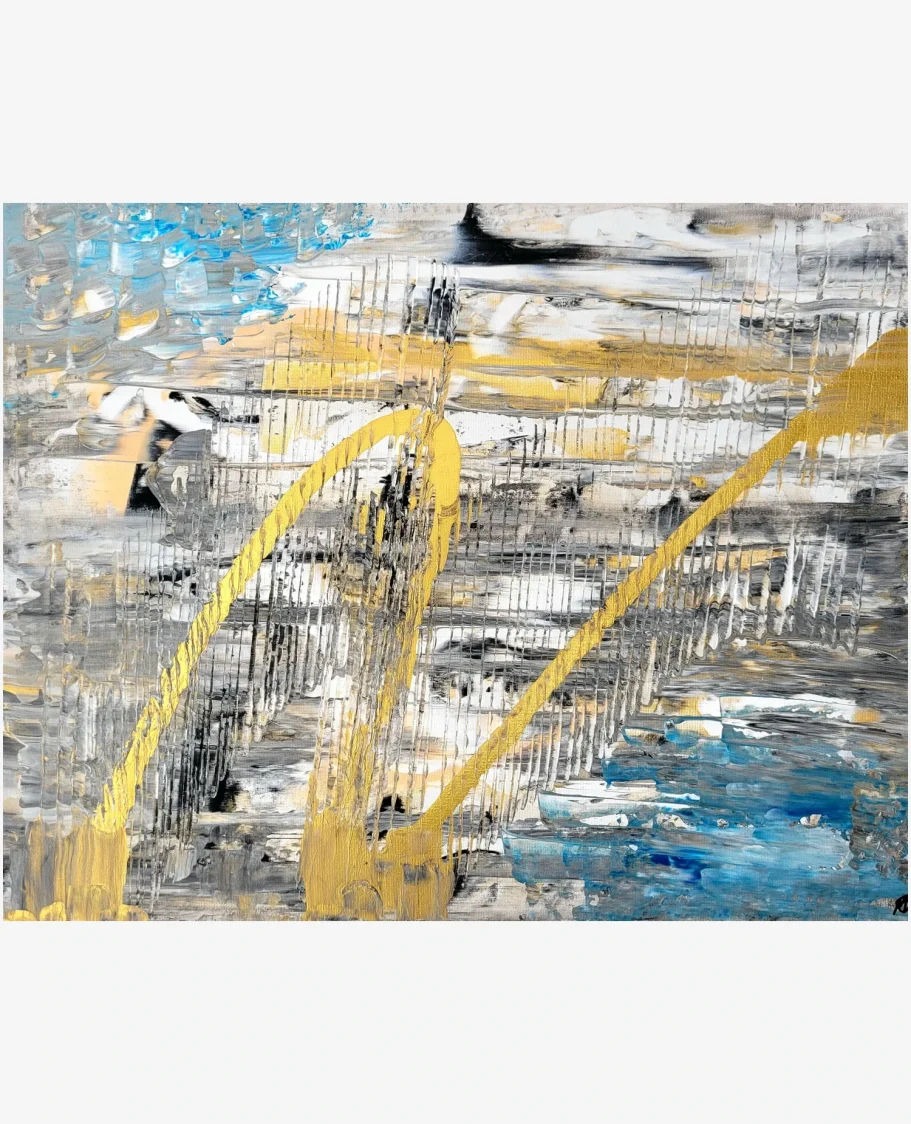 Abstrakte Malerei mit goldenen Linien, blauen und grauen Farbtönen.