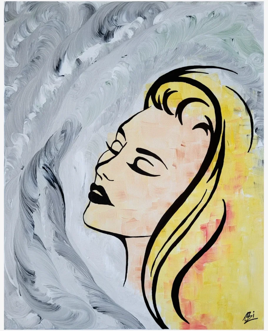 Acrylbild „Schwung – Cléa“ mit blondem Frauenporträt, warmen Orange- und Gelbtönen und grauem Hintergrund, moderne Kunst auf Leinwand 50x40