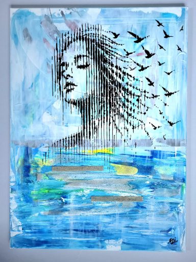 Abstraktes Gemälde „Aufwind“ – Frauenprofil aus Linien und Vogelsilhouetten vor blauem, wasserartigem Hintergrund, Original auf Leinwand