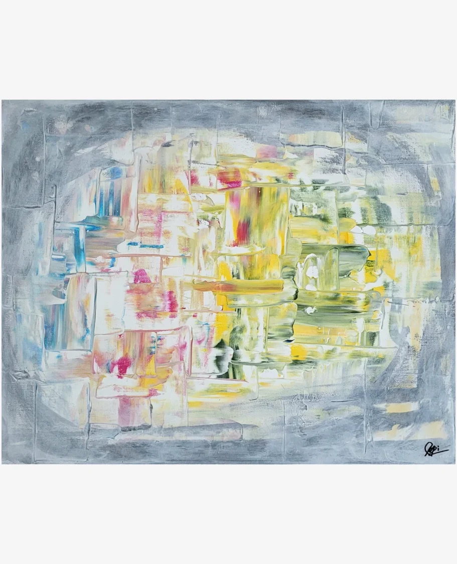 Abstraktes Acrylgemälde von mibkunst in sanften Grau-, Gelb-, Grün- und Rosatönen