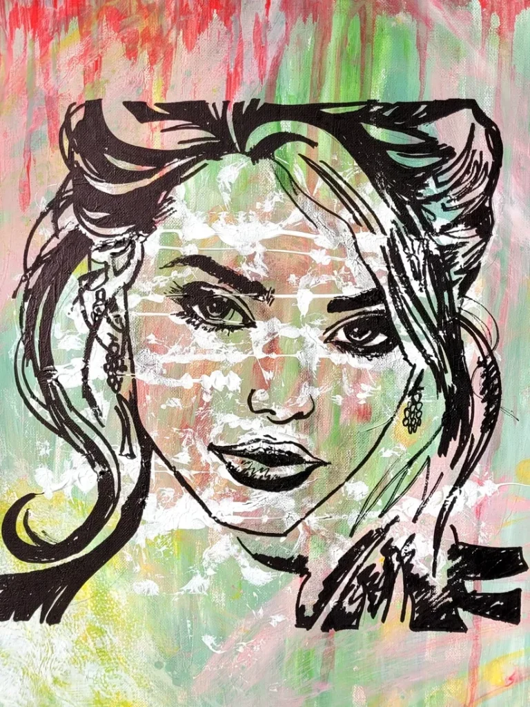 Porträt-Acrylbild von mibkunst: Gesicht einer Frau in Schwarz gezeichnet, Pop-Art-Stil mit farbigem Hintergrund – moderne Acrylkunst