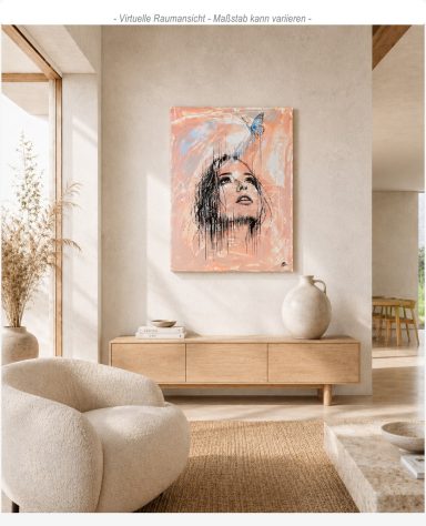 „Rise“ in einem hellen eleganten Wohnraum über einem Sideboard mit warmer Naturholz-Einrichtung