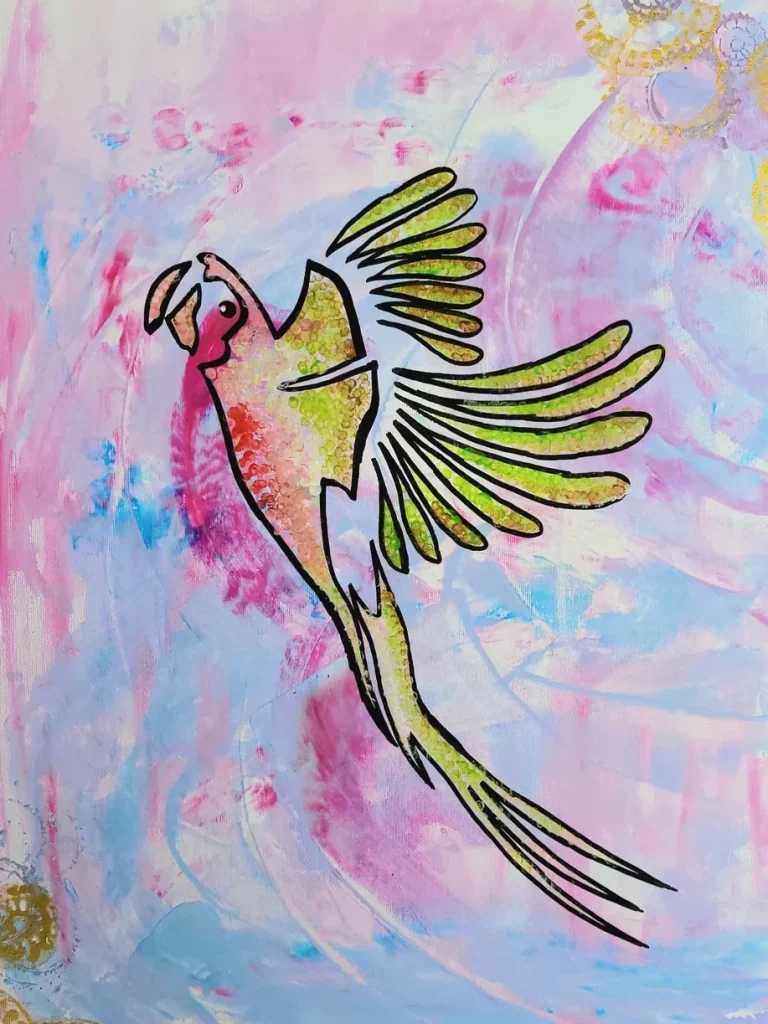 Acrylbild von mibkunst: Bunter, fliegender Papagei auf rosa-lila Hintergrund – moderne abstrakte Acrylkunst, zeitgenössisches Motiv