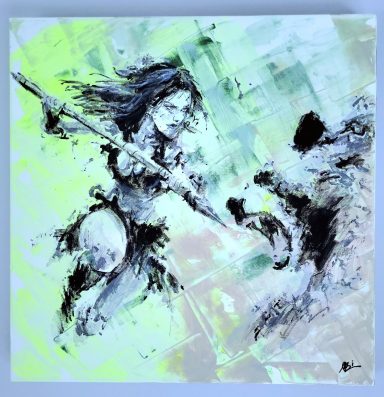 The Bear Within – abstrakt-figuratives Acrylgemälde einer Kämpferin im Kampf mit einem Bären auf Leinwand.