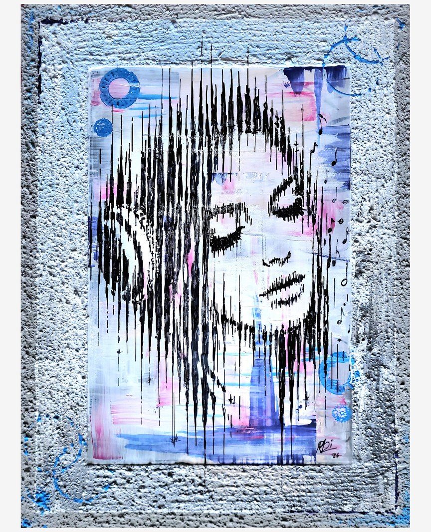 Abstraktes Gemälde „Aufwind“ – Frauenprofil aus Linien und Vogelsilhouetten vor blauem, wasserartigem Hintergrund, Original auf Leinwand