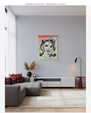 Kraftvolles Acrylportrait auf Leinwand mit dynamischen Linien und lebendigem Hintergrund, zeitgenössische Frauenfigur