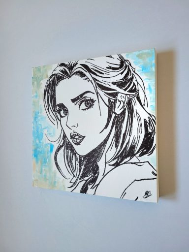 Modernes Acrylbild einer hübschen Frau mit langen Haaren auf abstraktem Hintergrund in hellblau von mibkunst.de