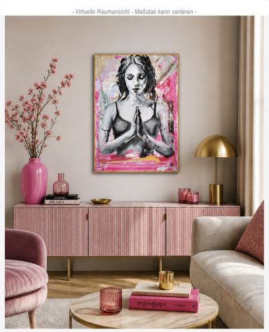 Das pinke Frauenporträt Zuversicht als moderner Blickfang über einem rosa Sideboard im Wohnzimmer.