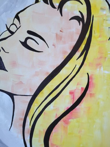 Acrylbild „Schwung – Cléa“ mit blondem Frauenporträt, warmen Orange- und Gelbtönen und grauem Hintergrund, moderne Kunst auf Leinwand 50x40 