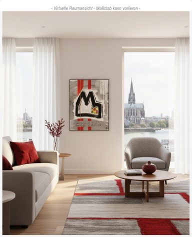 Acrylbild mit Kölner Dom in Rot und Weiß, goldener Akzentlinie und buntem Detail – moderne Köln Kunst auf Leinwand 50x40 cm