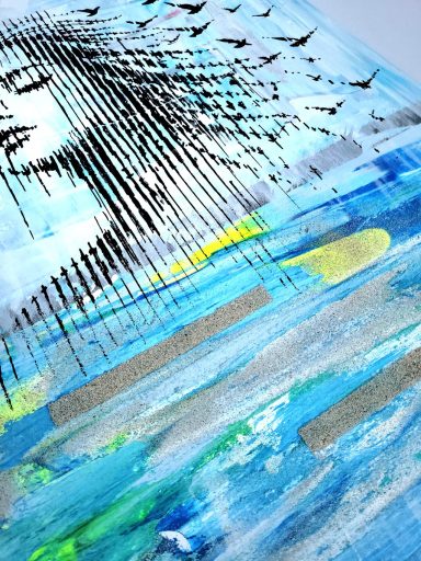 Detailansicht des abstrakten Gemäldes Aufwind mit Fokus auf das Frauenprofil aus feinen schwarzen Linien.