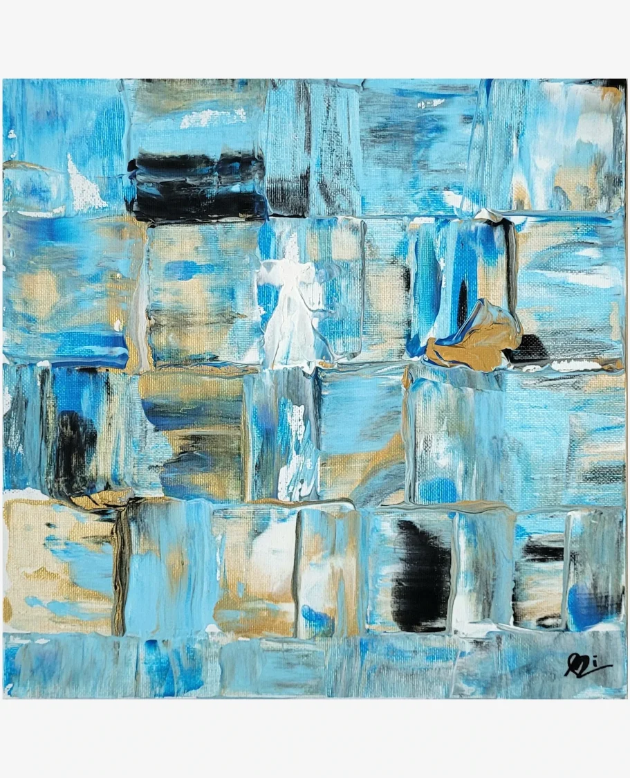 Abstrakte Malerei in Blau- und Erdtönen beziehungsweise gold mit dynamischen Pinselstrichen.