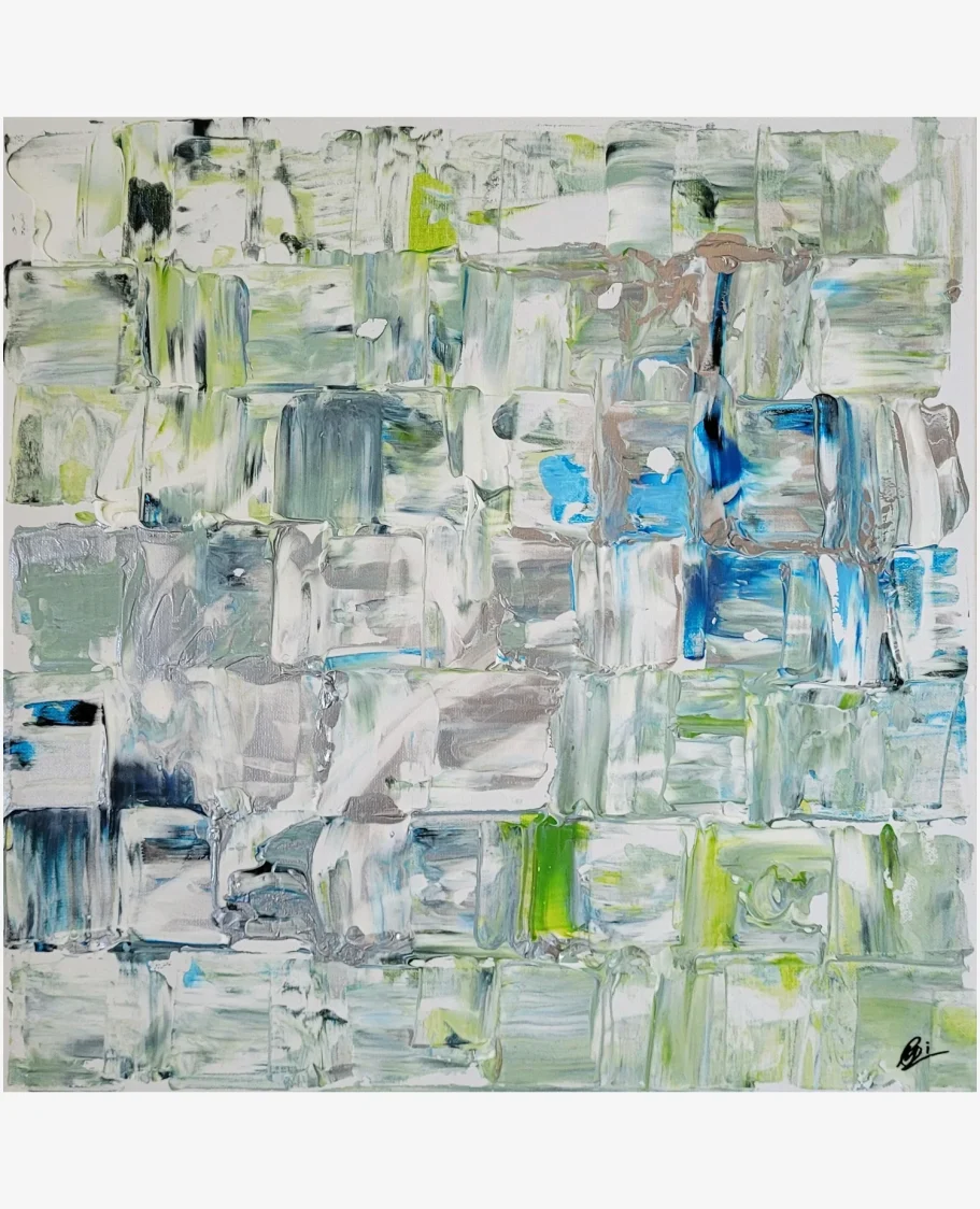 Abstrakte Malerei in verschiedenen Grüntönen mit blauen und grauen Akzenten.