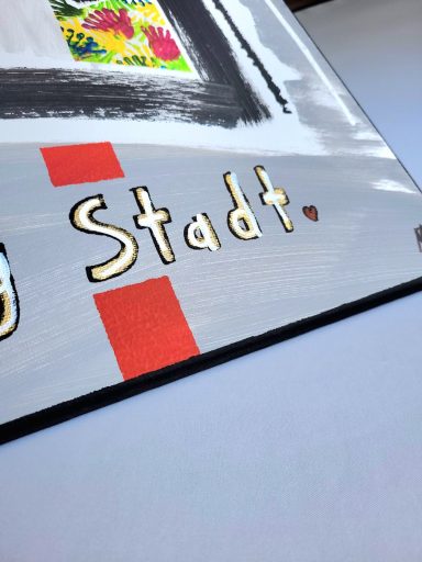 Acrylbild mit Kölner Dom in Rot und Weiß, goldener Akzentlinie und buntem Detail – moderne Köln Kunst auf Leinwand 50x40 cm