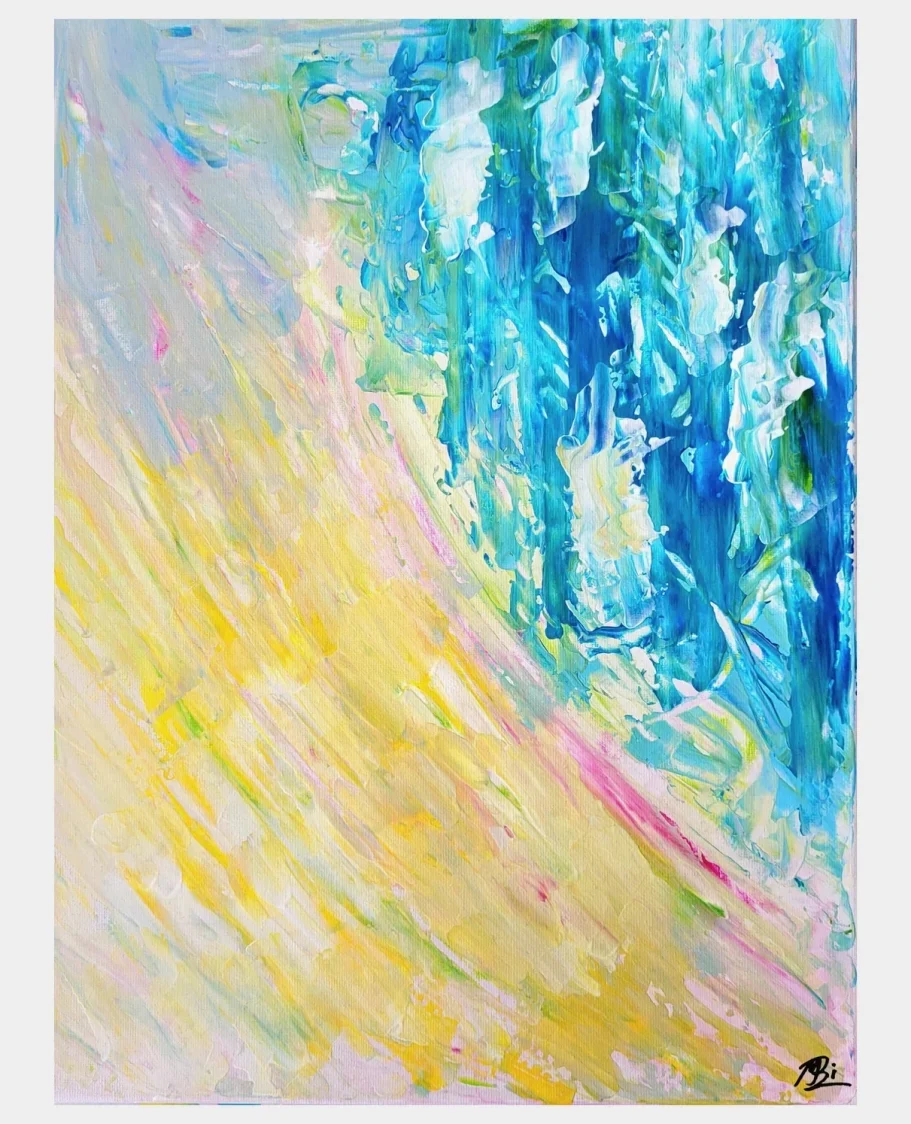 Abstrakte Malerei mit blauen und gelben Farbstrichen, die eine dynamische Bewegung erzeugen.