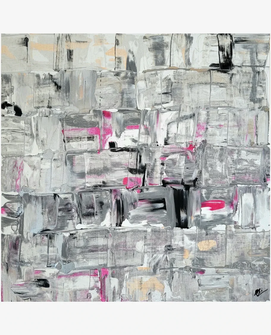 Abstrakte Komposition also Malerei in Grau mit rosa und schwarzen Akzenten.