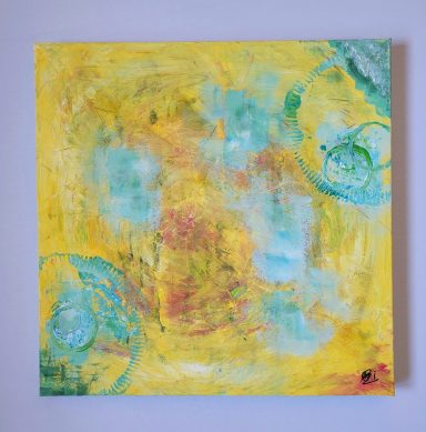 Bunte abstrakte Malerei mit Gelb- und Blautönen sowie schwungvollen Formen.