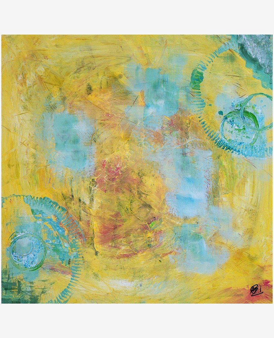 Gemaltes Acrylbild in Gelb, Blau und Orange mit organischen Formen und Texturen.