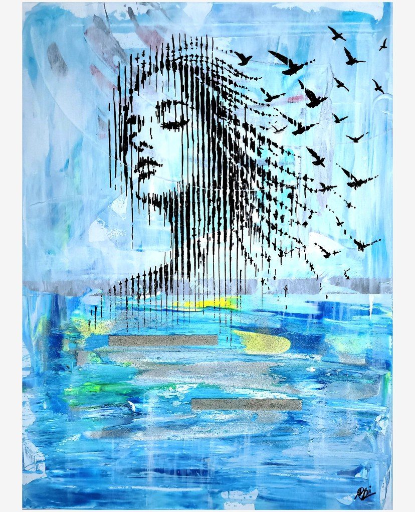 Abstraktes Gemälde „Aufwind“ – Frauenprofil aus Linien und Vogelsilhouetten vor blauem, wasserartigem Hintergrund, Original auf Leinwand