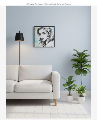 Modernes Acrylbild einer hübschen Frau mit langen Haaren auf abstraktem Hintergrund in hellblau von mibkunst.de