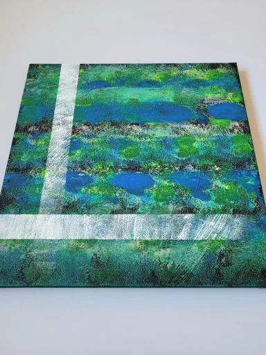 Acryllandschaft „Zwischen den Strömungen“ auf Leinwand in Blau- und Grüntönen, abstrakt, mit klaren Linien, die Bewegung und Ruhe verbinden
