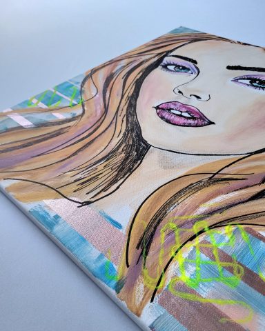 Modernes Acrylportrait einer Frau mit Akzenten auf Leinwand