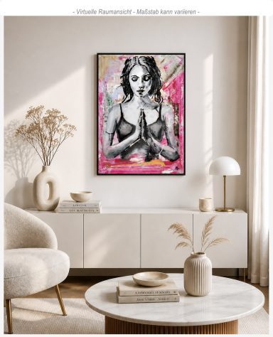 Abstrakt-figuratives Gemälde „Zuversicht“ – Raumbeispiel für moderne Kunst: Das kontrastreiche Gemälde hängt in einer hellen, minimalistisch