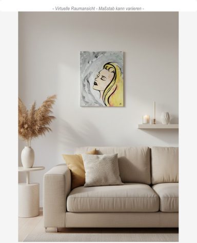 Acrylbild „Schwung – Cléa“ mit blondem Frauenporträt, warmen Orange- und Gelbtönen und grauem Hintergrund, moderne Kunst auf Leinwand 50x40 