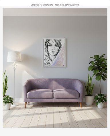 Modernes Porträt einer jungen Frau mit langen Haaren und ausdrucksstarkem Gesicht, Kunstwerk von mibkunst.de