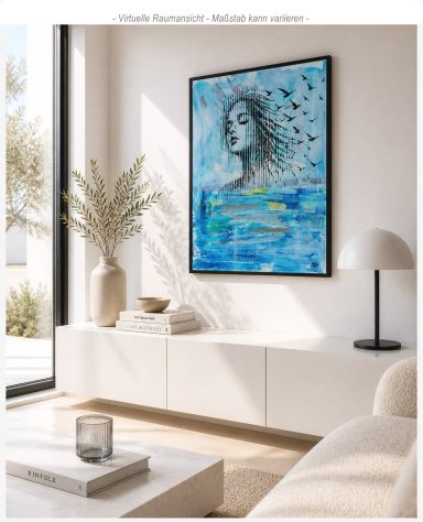 Raumbeispiel für moderne Kunst im Wohnzimmer mit dem blau-goldenen Frauenporträt an einer hellen Wand.