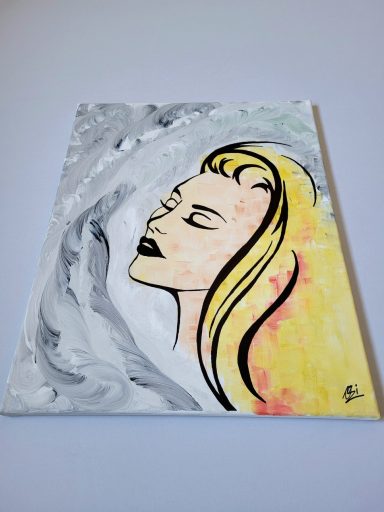 Acrylbild „Schwung – Cléa“ mit blondem Frauenporträt, warmen Orange- und Gelbtönen und grauem Hintergrund, moderne Kunst auf Leinwand 50x40 