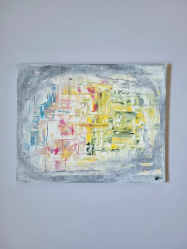 Abstraktes Acrylgemälde von mibkunst in sanften Grau-, Gelb-, Grün- und Rosatönen