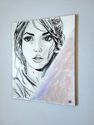 Modernes Porträt einer jungen Frau mit langen Haaren und ausdrucksstarkem Gesicht, Kunstwerk von mibkunst.de