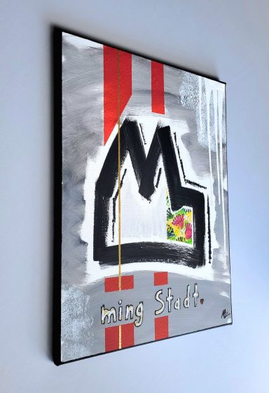 Acrylbild mit Kölner Dom in Rot und Weiß, goldener Akzentlinie und buntem Detail – moderne Köln Kunst auf Leinwand 50x40 cm