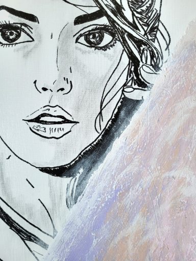 Modernes Porträt einer jungen Frau mit langen Haaren und ausdrucksstarkem Gesicht, Kunstwerk von mibkunst.de