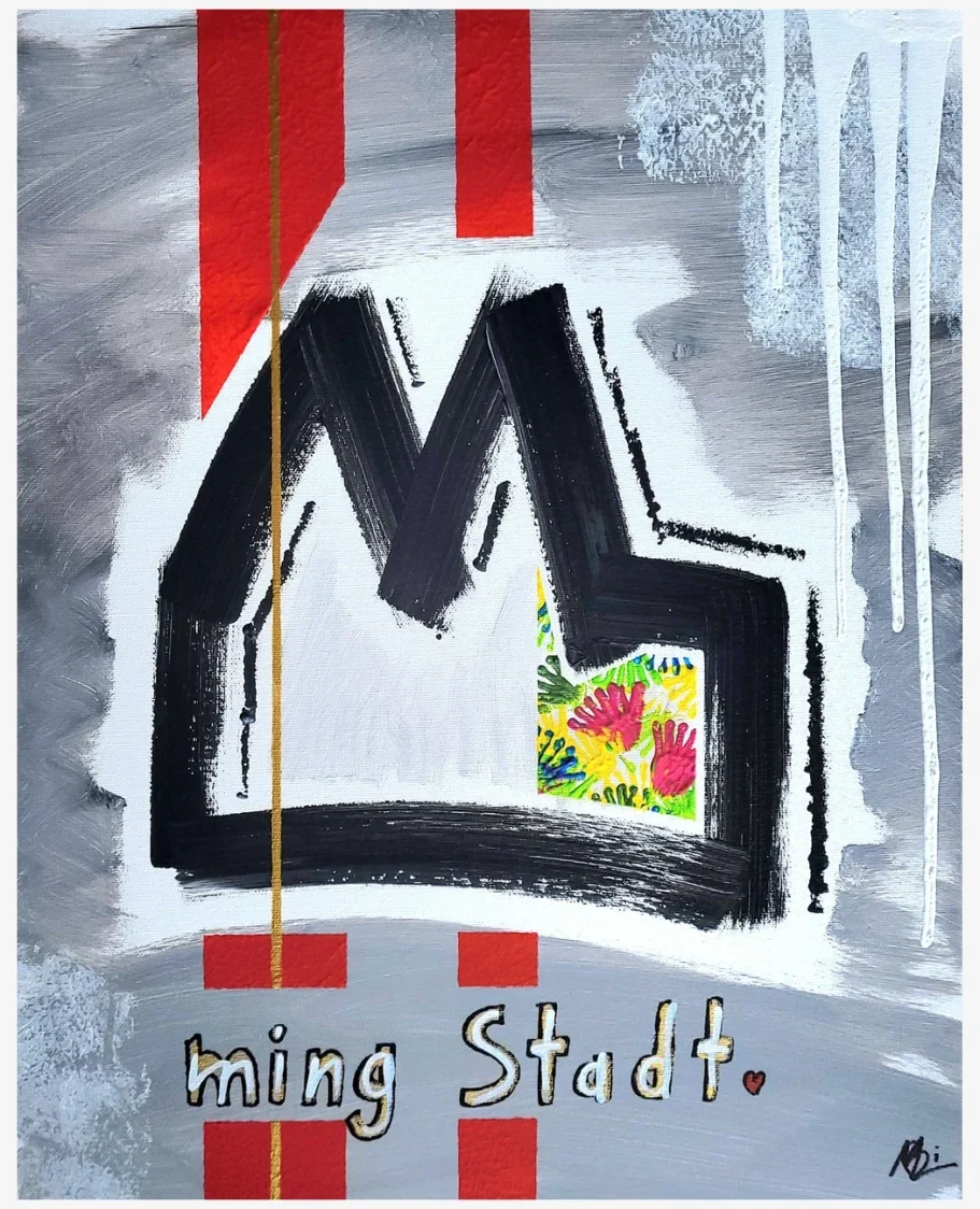 Acrylbild mit Kölner Dom in Rot und Weiß, goldener Akzentlinie und buntem Detail – moderne Köln Kunst auf Leinwand 50x40 cm